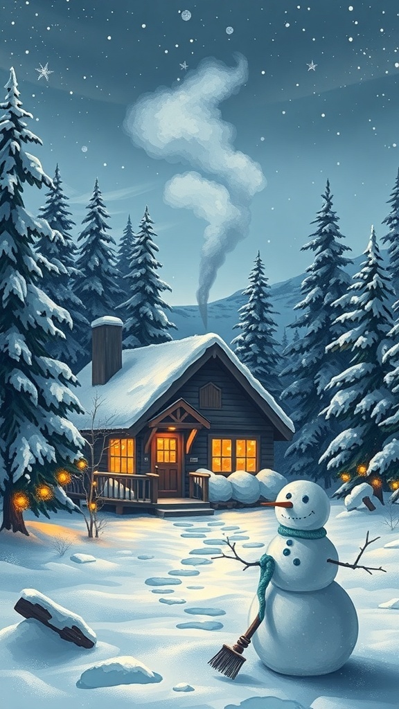 A winter cabin scene with snow-covered trees and twinkling lights, perfect for a Christmas drawing background.